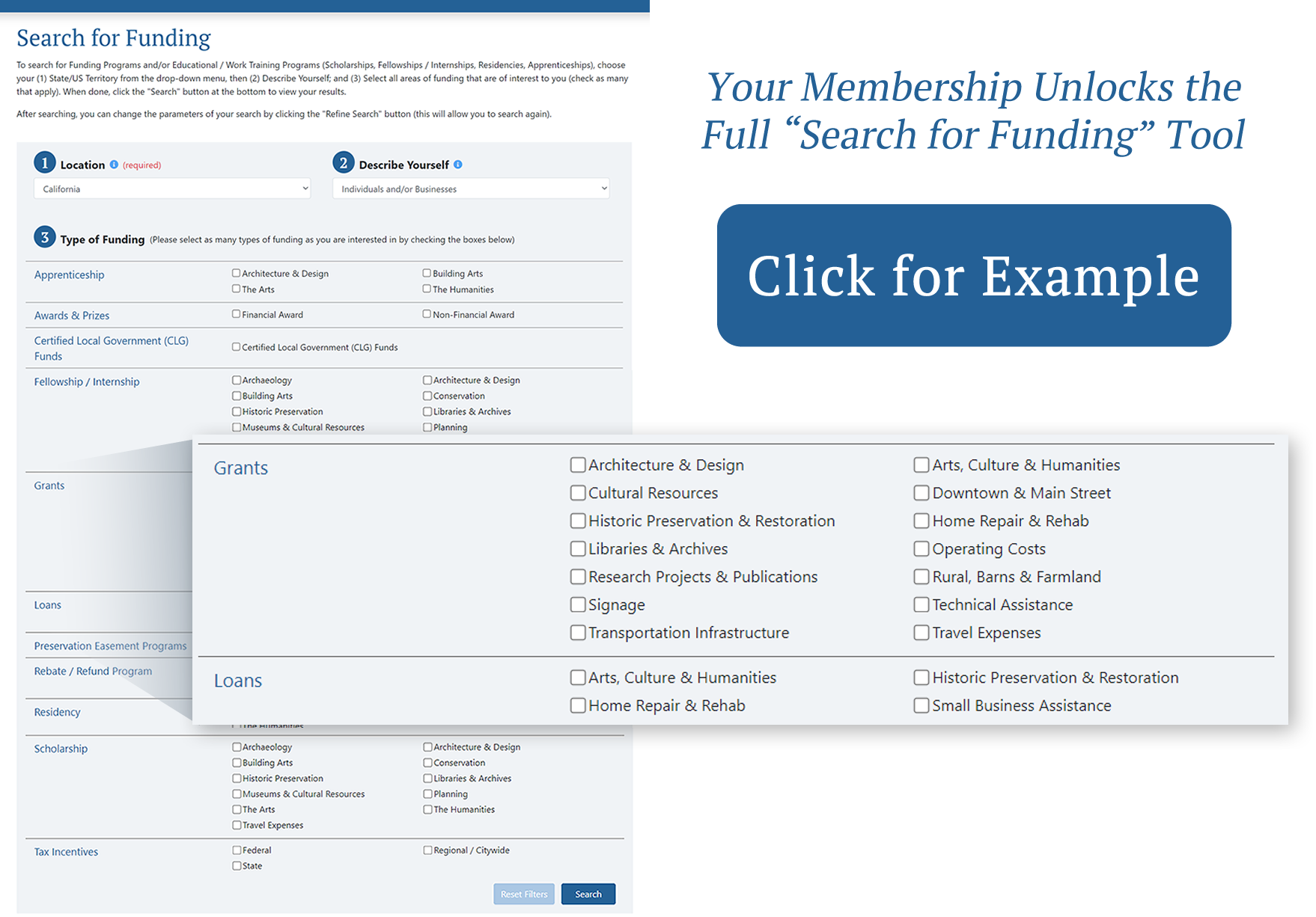 Preview of the 'Search for Funding Sources' tool, available with your membership to HistoricFunding.com.