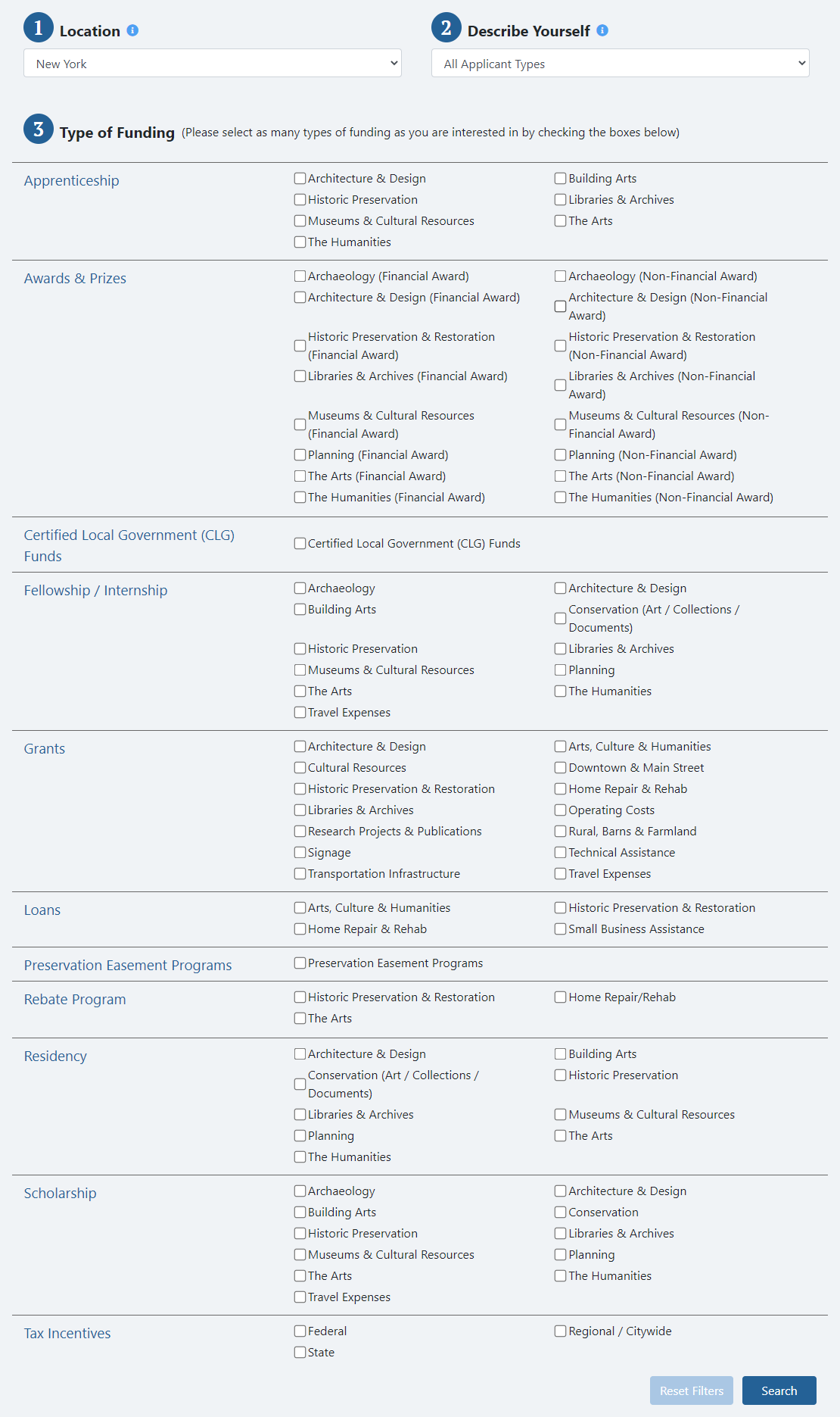 Preview of the “Search for Funding Sources” tool, available with your membership to HistoricFunding.com.